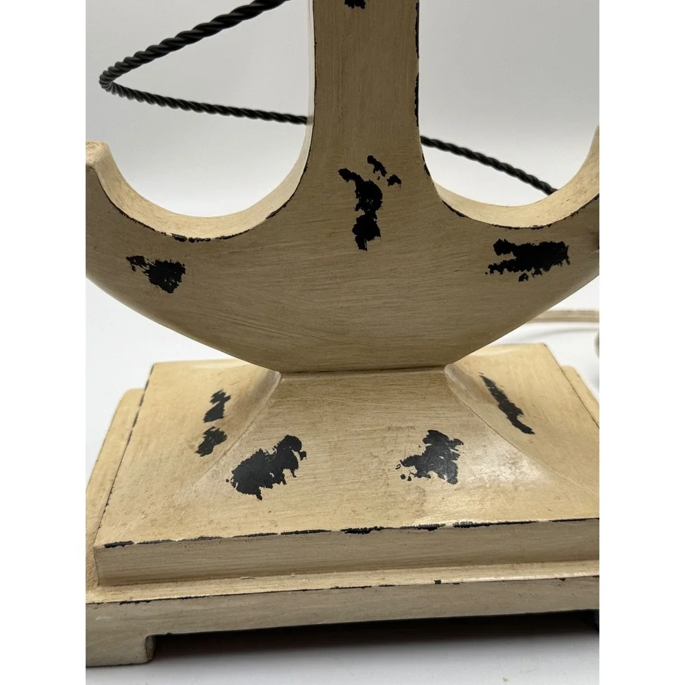 Nautical Anchor Table Lamp Distressed Cream Coastal Decor Burlap Shade
